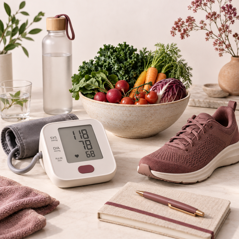 Tensiometru, pantof de mers și legume pentru temele de prevenție cardiovasculară.
